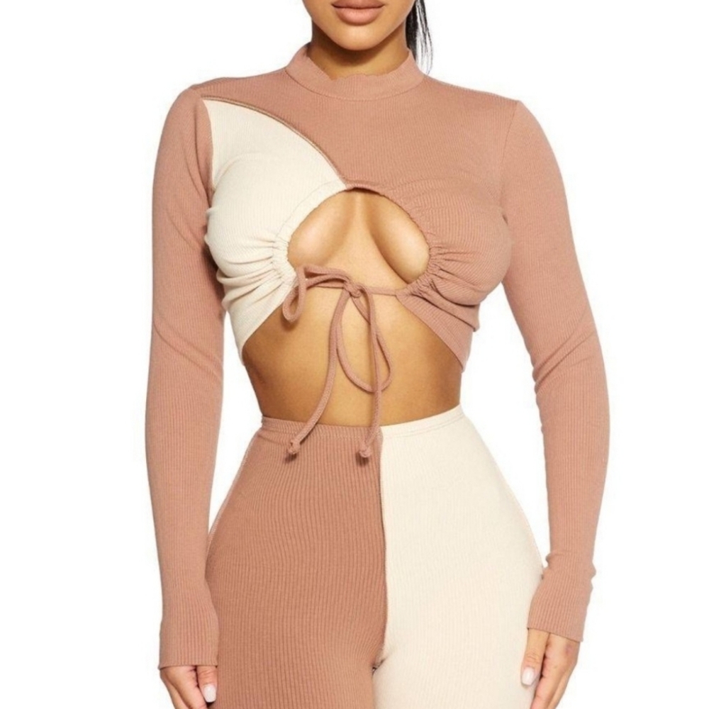 Naked Wardrobe Tones-Tied Crop Top in Oatmeal/Coco